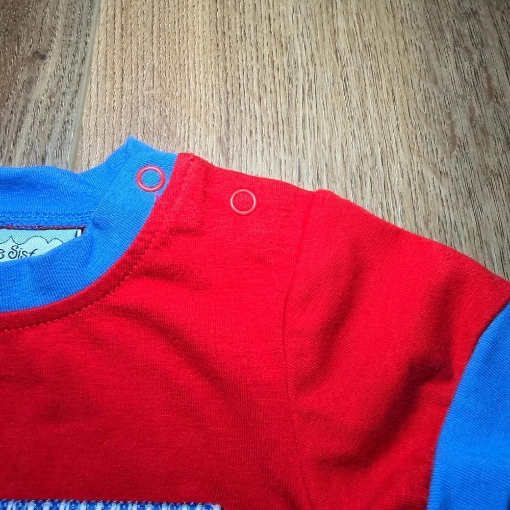 Three Sisters Baseball Romper 3M Red Blue Applique Baby Boy Snap One Piece Sport